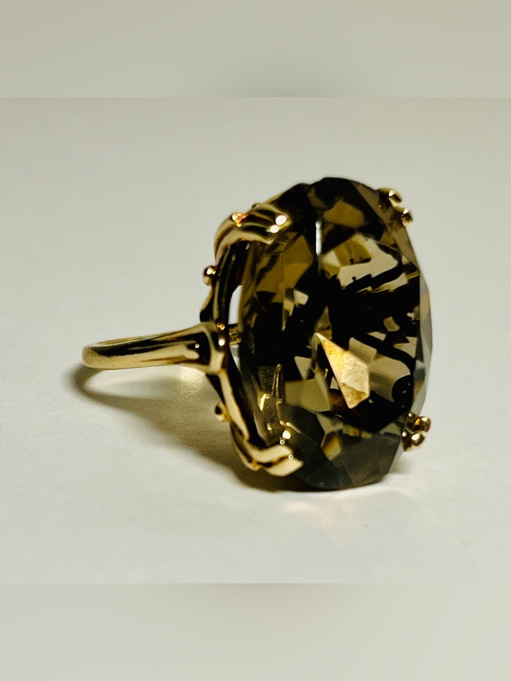 14k Gold Brilliant-Cut Smoky Quartz Estate Vintage Cocktail Ring, Size 7 1/4 - Picture 4 of 15